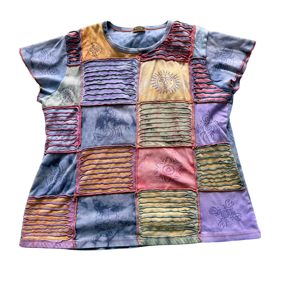 Rising International Patchwork Sun Tie Dye Boho Festival T-Shirt Medium - Large